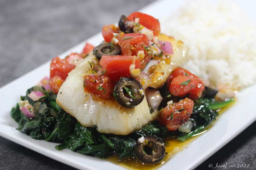 Sauteed Halibut With Wilted Spinach and Tomato Dressing Recipe